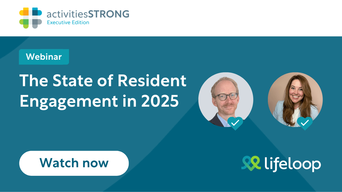 Circle headshots of a man and a woman with State of Resident Engagement in 2025 in white text on dark teal background with LifeLoop logo