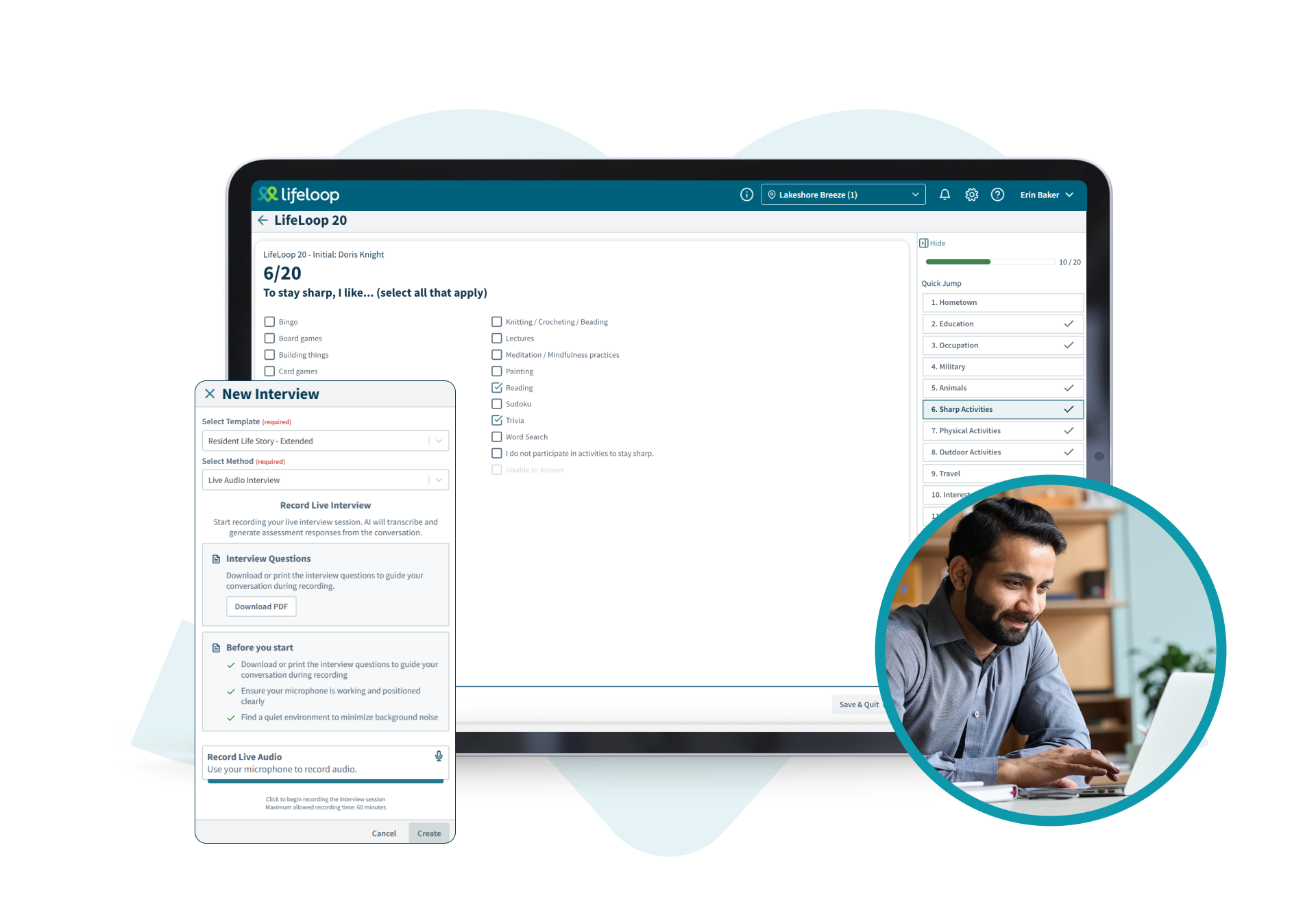 Tablet and phone screens showing resident intake questions