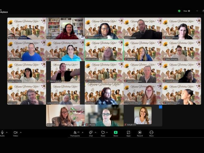 Screenshot of teammates on a video call celebrating a birthday