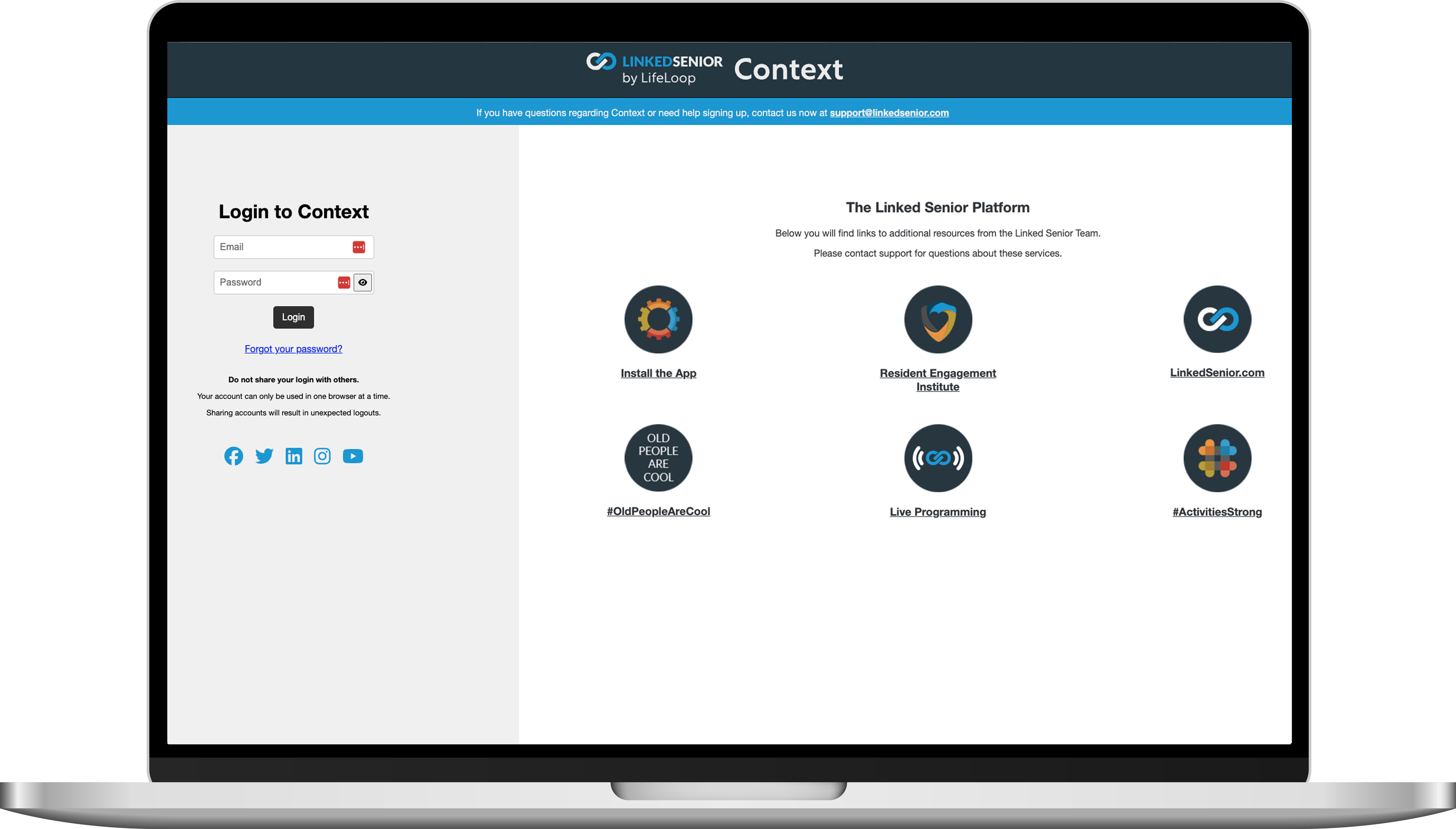 Linked Senior Login screen on a laptop