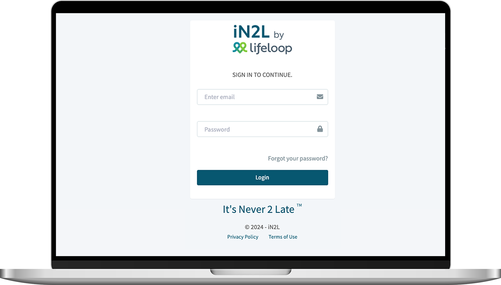 iN2L Login screen on a laptop